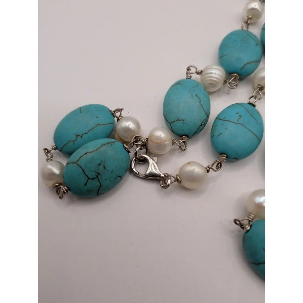 Vintage Long Strand Necklace‎ With Faux Turquoise And Pearls